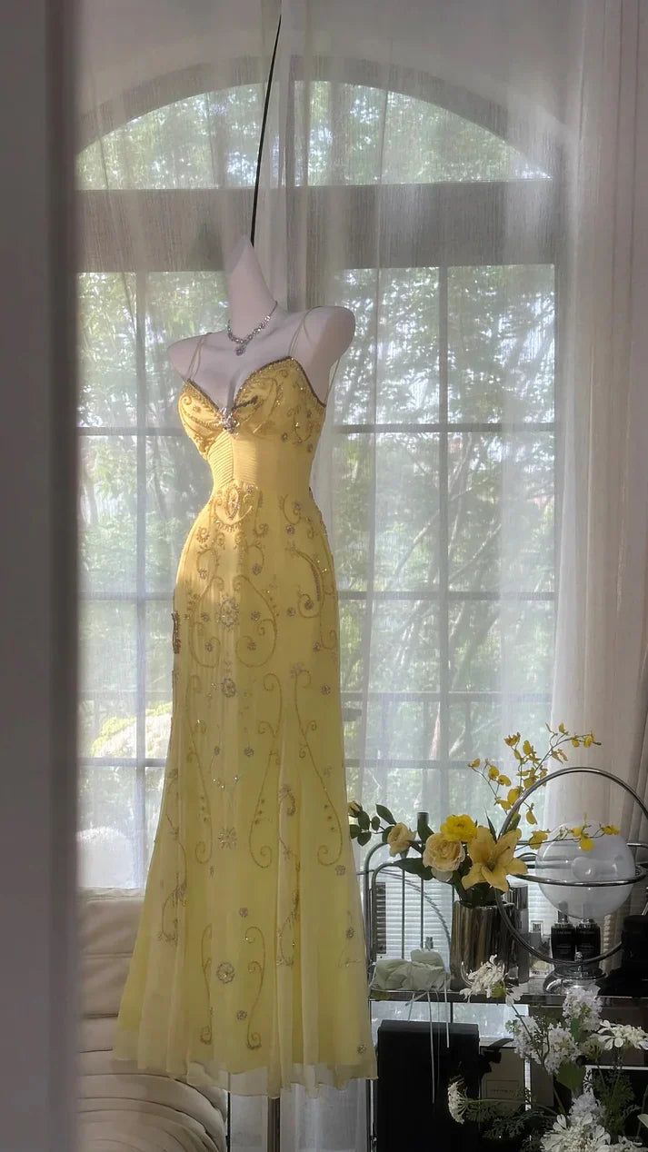 Shiny Yellow Sequined Sweetheart Chiffon A-Line Prom Dress Evening Dress TP4308