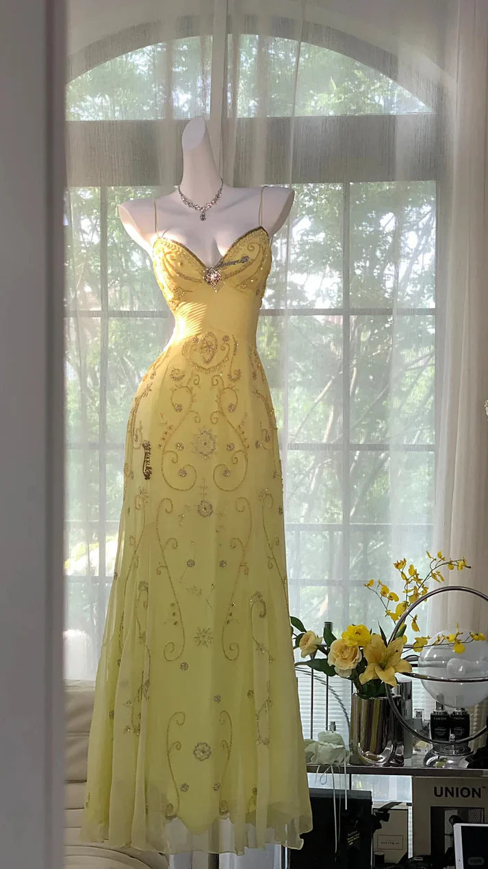 Shiny Yellow Sequined Sweetheart Chiffon A-Line Prom Dress Evening Dress TP4308