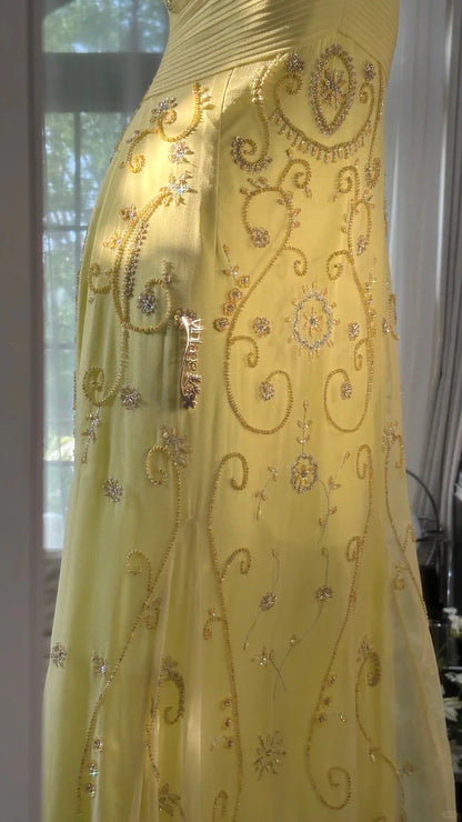 Flowy Yellow Spaghetti Strap Chiffon Beaded Mermaid Evening Gown Prom Dress P3272