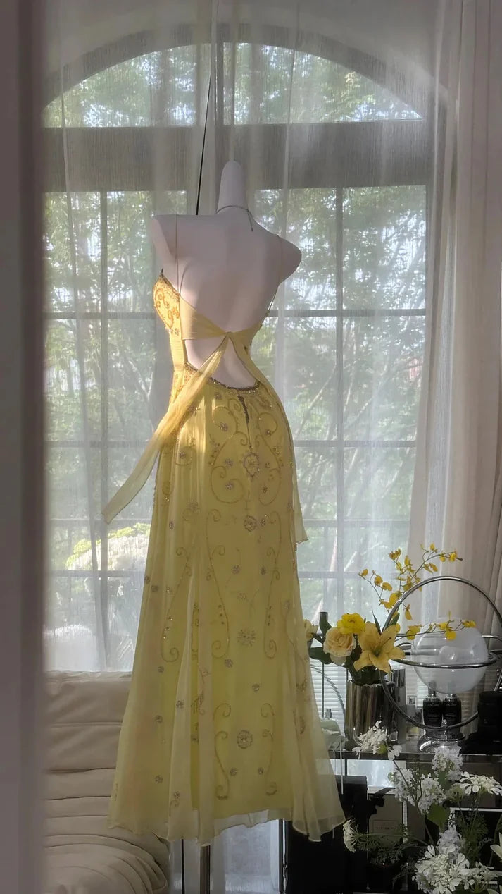 Shiny Yellow Sequined Sweetheart Chiffon A-Line Prom Dress Evening Dress TP4308