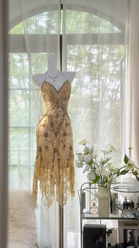Retro luxury V-neck lace beaded irregular skirt prom dress P3276