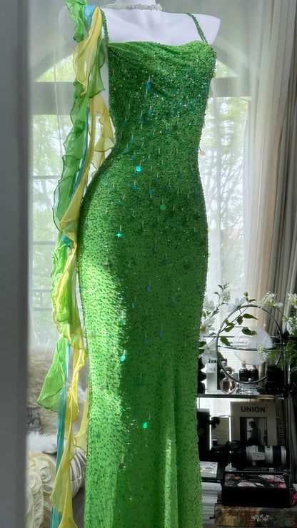 Shiny Full Beaded Heavy Green Mermaid Backless Evening Gown Prom Dress P3278