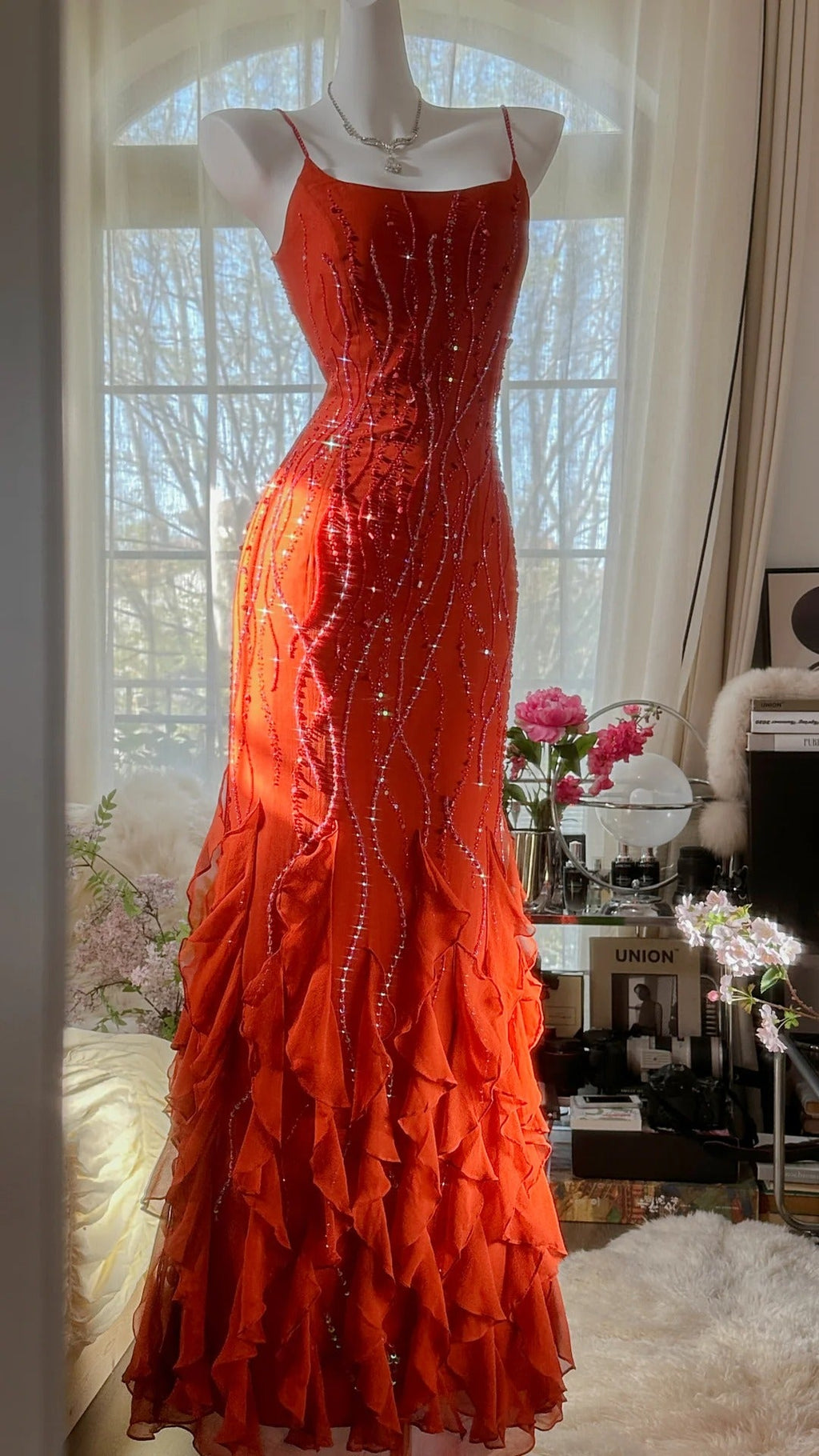 Designers Beaded Prom Dress Long Cascade Ruffled Evening Gown