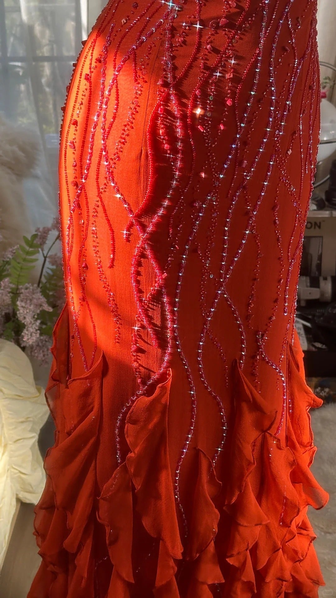 Designers Beaded Prom Dress Long Cascade Ruffled Evening Gown