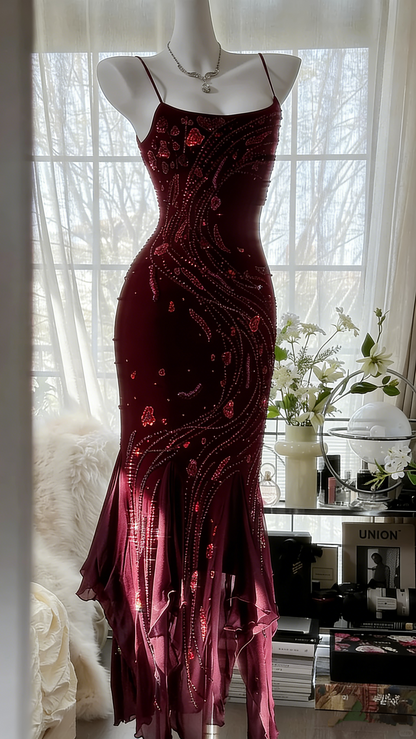 Retro beautiful shoulder strap beaded chiffon irregular skirt prom dress P3285