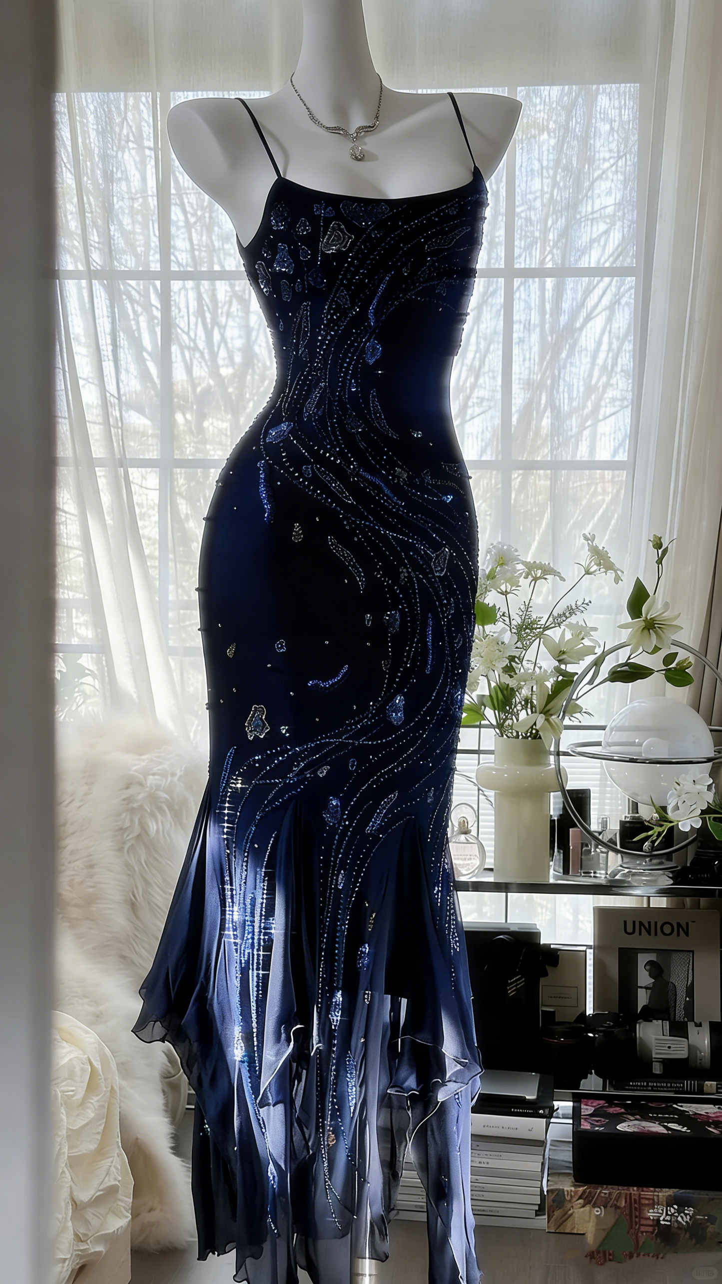 Retro beautiful shoulder strap beaded chiffon irregular skirt prom dress P3285