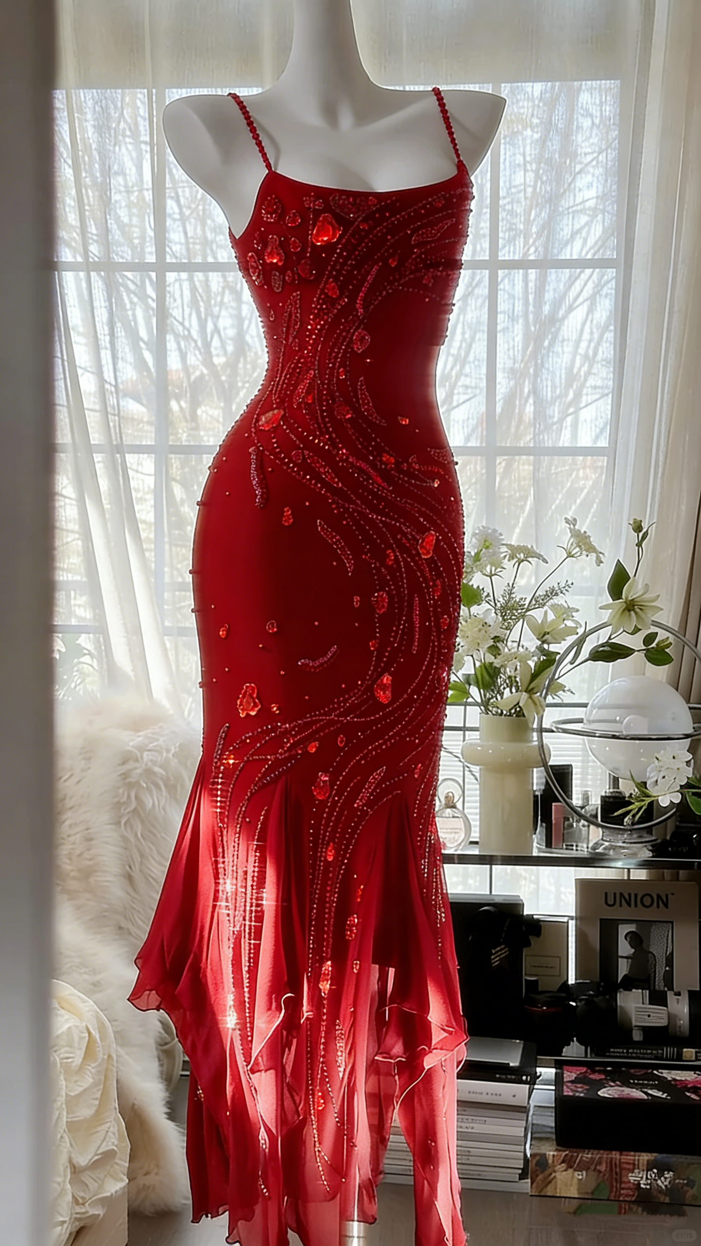 Retro beautiful shoulder strap beaded chiffon irregular skirt prom dress P3285