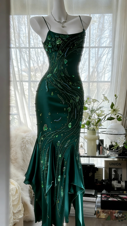 Retro beautiful shoulder strap beaded chiffon irregular skirt prom dress P3285