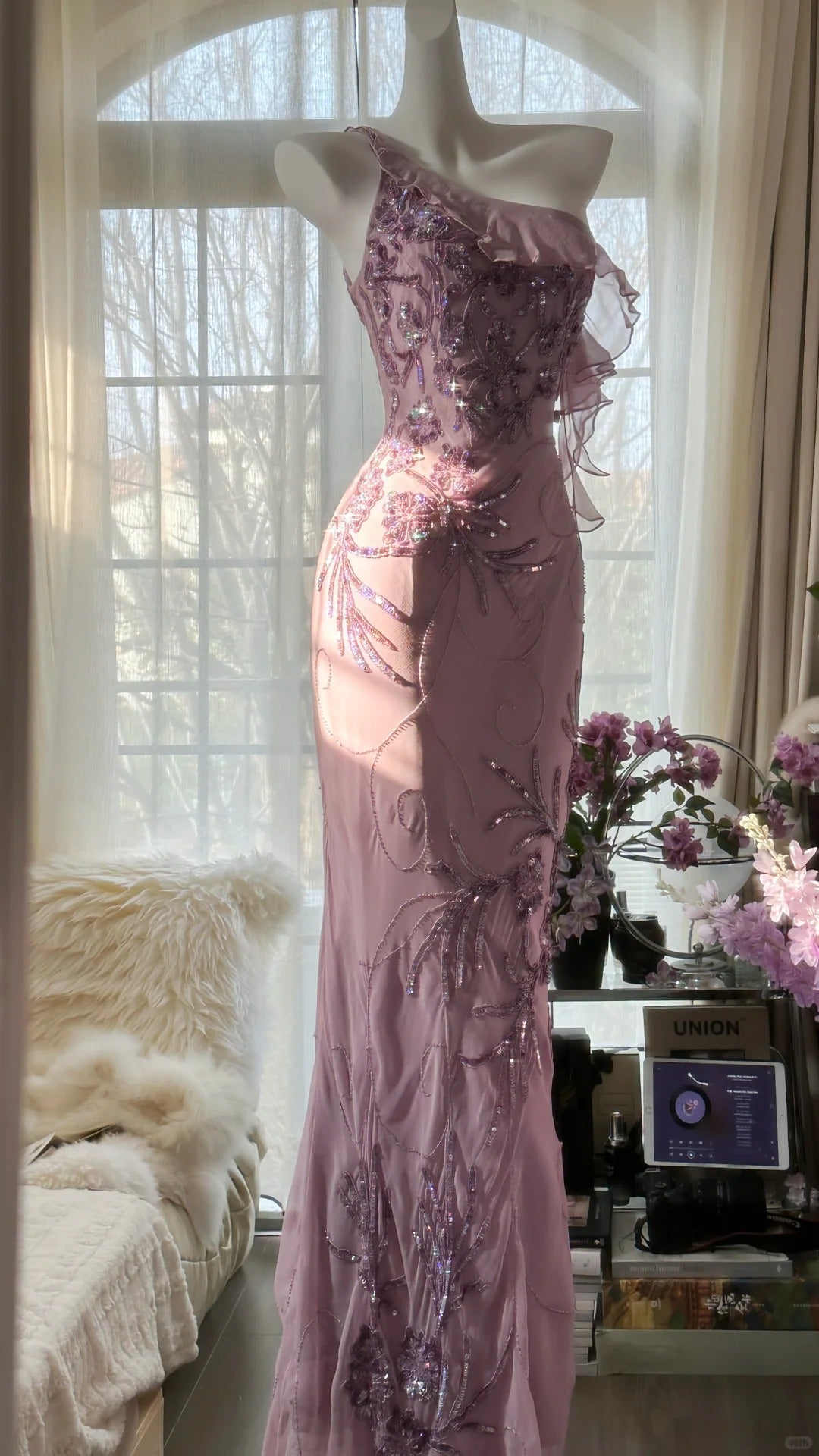 Pink Gradient Pink Fairy Beaded Chiffon Mermaid Evening Dress Prom Dress P3291