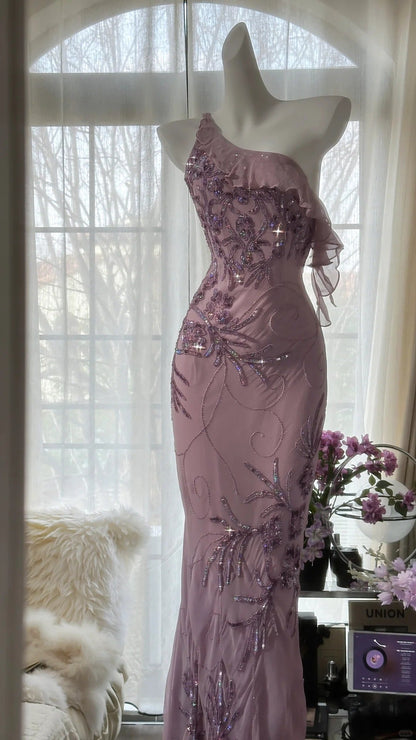 Pink Gradient Pink Fairy Beaded Chiffon Mermaid Evening Dress Prom Dress P3291