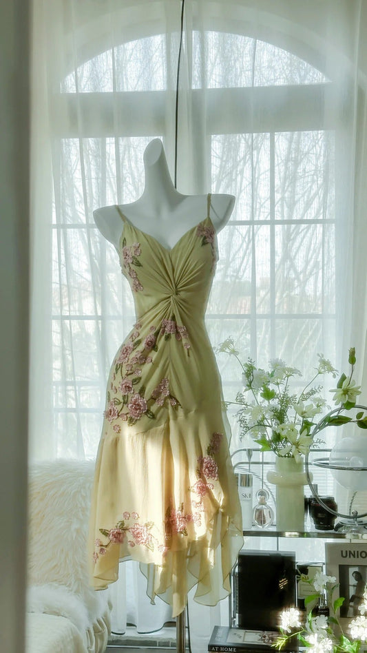 Fresh Yellow Floral Beaded Knotted Chiffon Prom Dress P3302