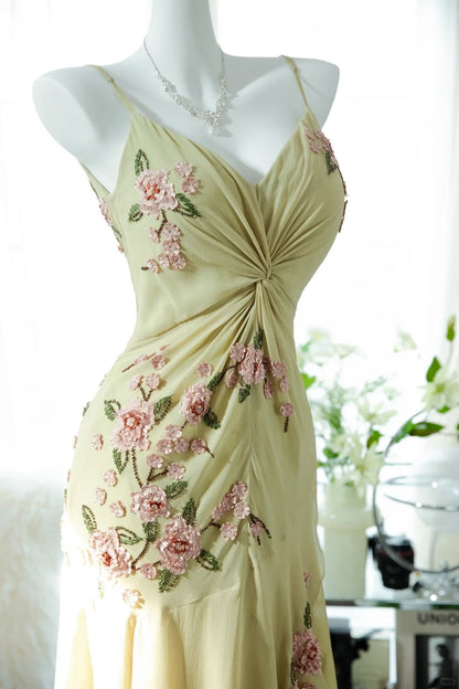 Fresh Yellow Floral Beaded Knotted Chiffon Prom Dress P3302