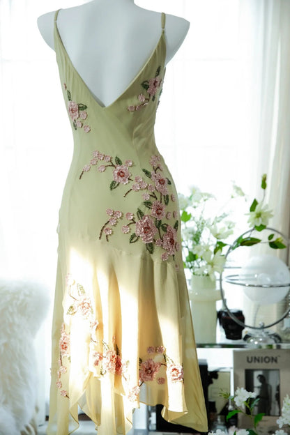 Fresh Yellow Floral Beaded Knotted Chiffon Prom Dress P3302