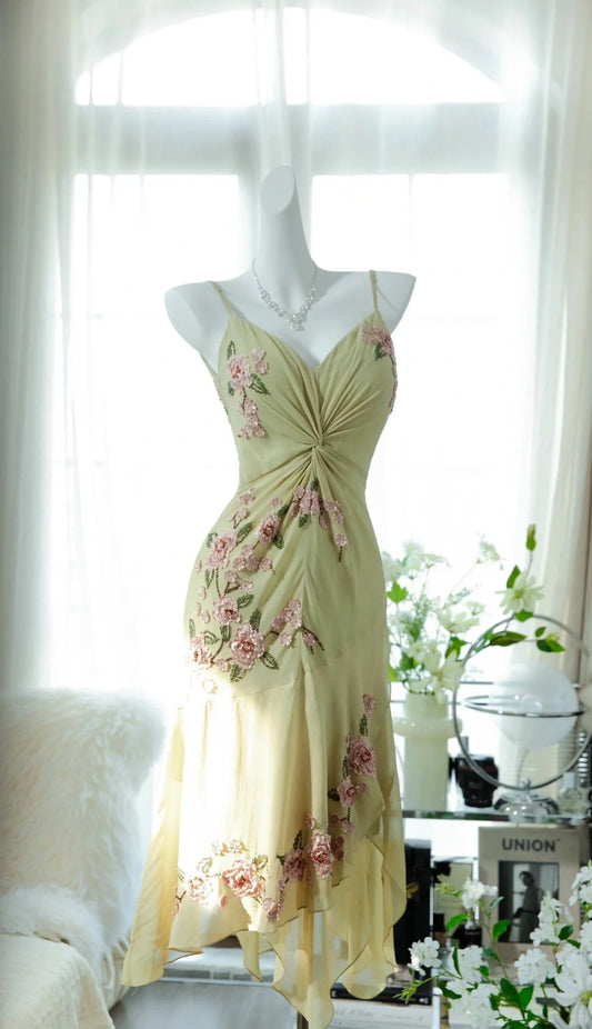 Fresh Yellow Floral Beaded Knotted Chiffon Prom Dress P3302