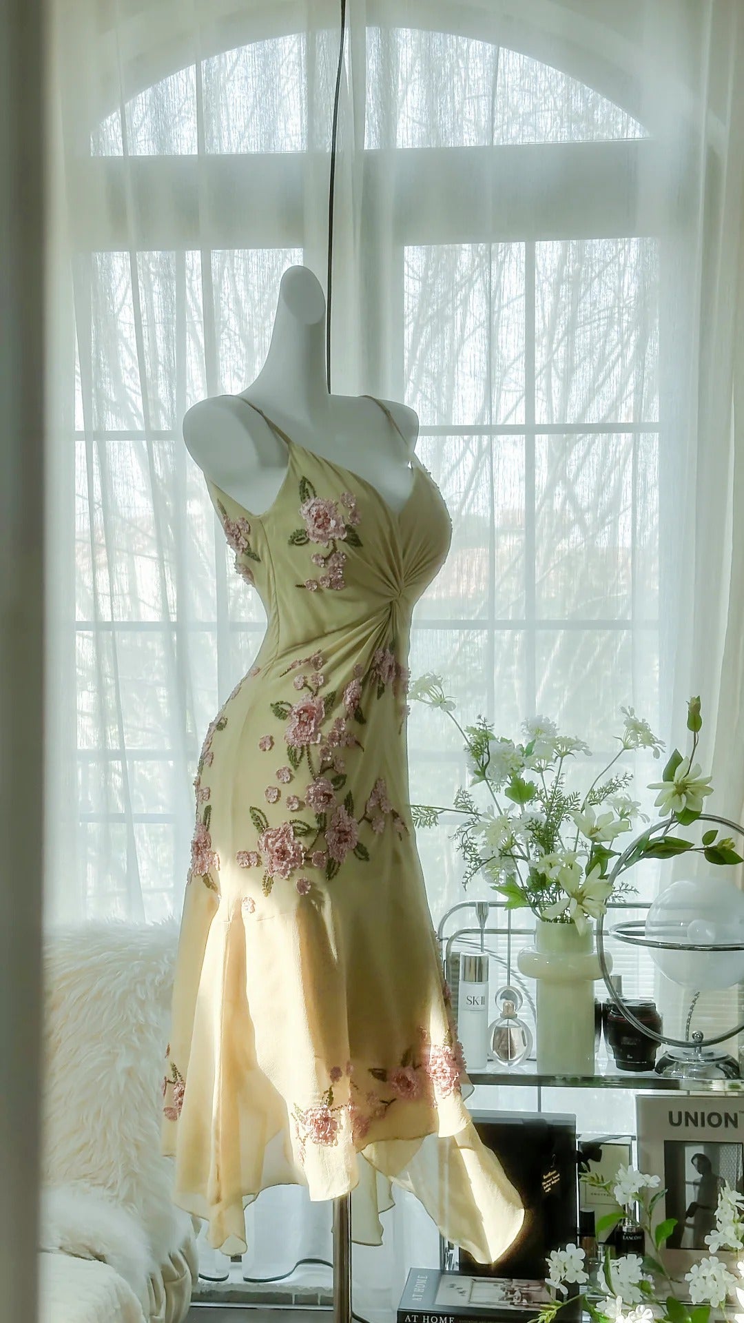 Fresh Yellow Floral Beaded Knotted Chiffon Prom Dress P3302