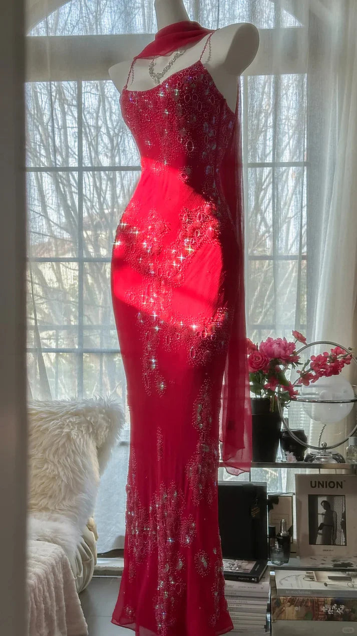 Vintage Red Chiffon Shiny Beaded Spaghetti Strap Mermaid Long Prom Dress Evening Dress TP4569