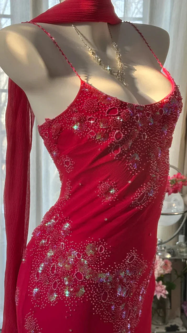 Vintage Red Chiffon Shiny Beaded Spaghetti Strap Mermaid Long Prom Dress Evening Dress TP4569