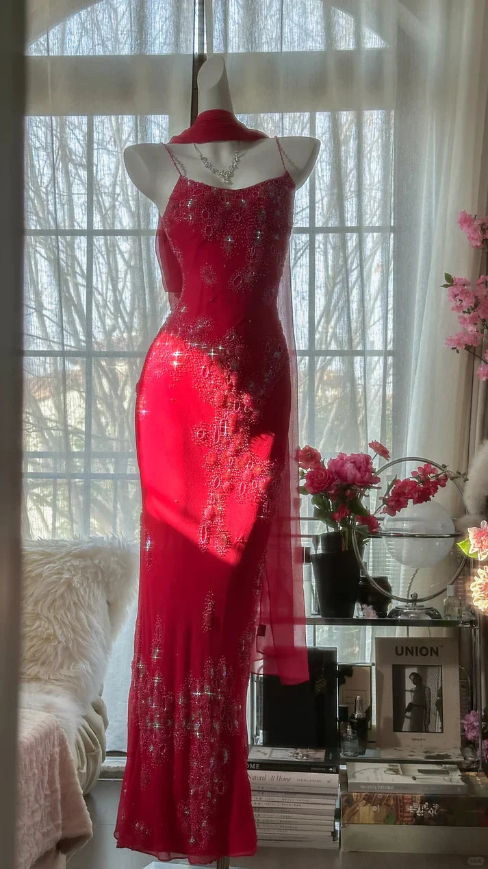 Vintage Red Chiffon Shiny Beaded Spaghetti Strap Mermaid Long Prom Dress Evening Dress TP4569