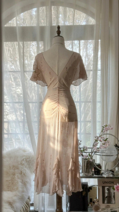 Elegant Pink V-neck Short-sleeved Chiffon Flowing Prom Dress P3309
