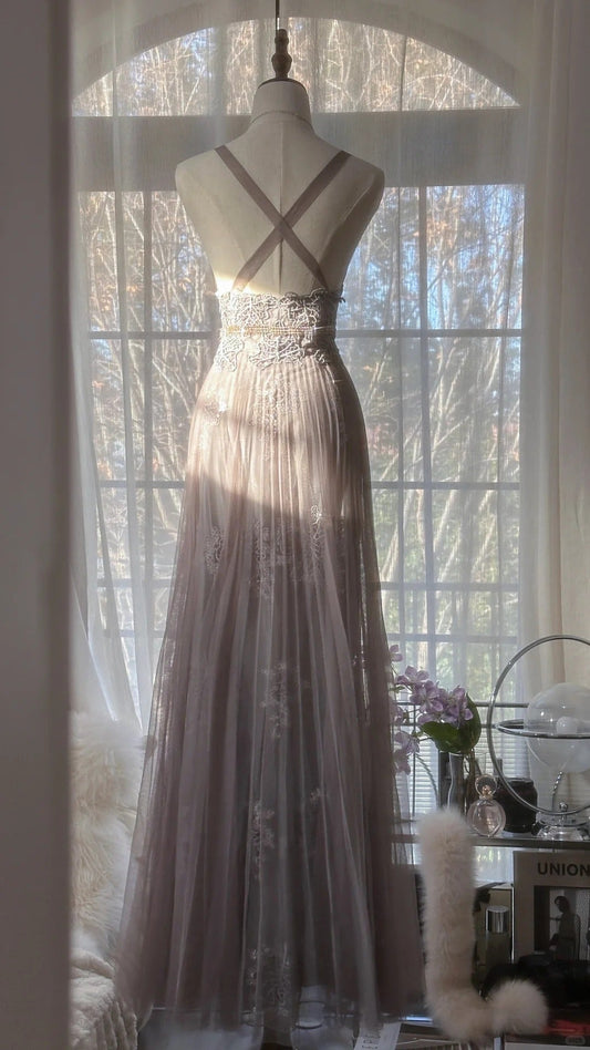Stunning Purple Lace Tulle Backless Long Prom Dress P3310