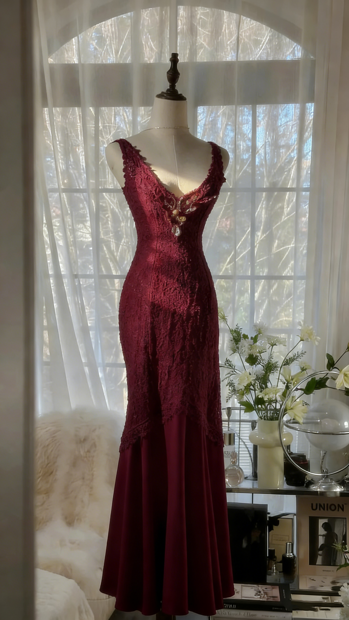 Clean and Elegant White V-Neck Lace Beaded Mermaid Long Prom Dress P3311