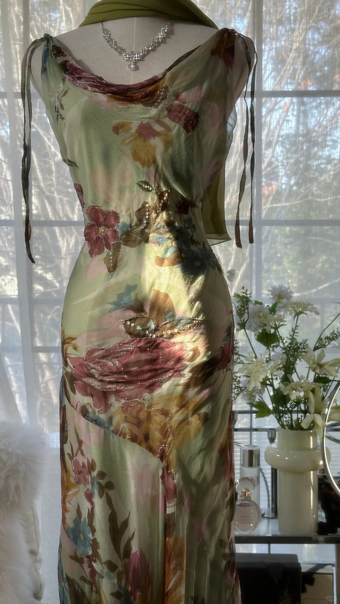 Vintage Green Oil Painting Chiffon Print Irregular Skirt Prom Dress P3312