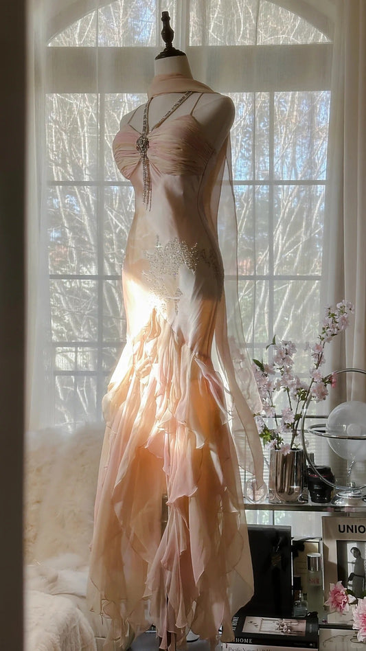 Beautiful Pink Strap Chiffon Irregular Skirt Long Prom Dress P3314
