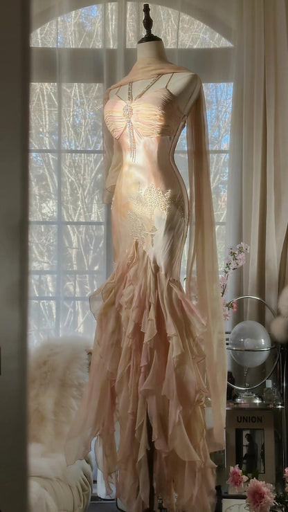 Beautiful Pink Strap Chiffon Irregular Skirt Long Prom Dress P3314