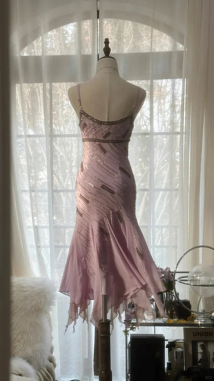 Gorgeous Pink Sweetheart Glittering Beaded Spaghetti Strap Chiffon Mermaid Prom Dress Evening Dress TP4304