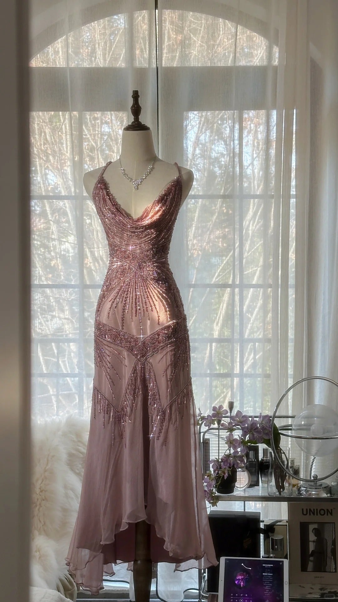 Stunning Pink Backless Beaded Chiffon Long Prom Dress P3323