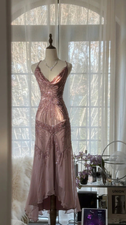 Stunning Pink Backless Beaded Chiffon Long Prom Dress P3323