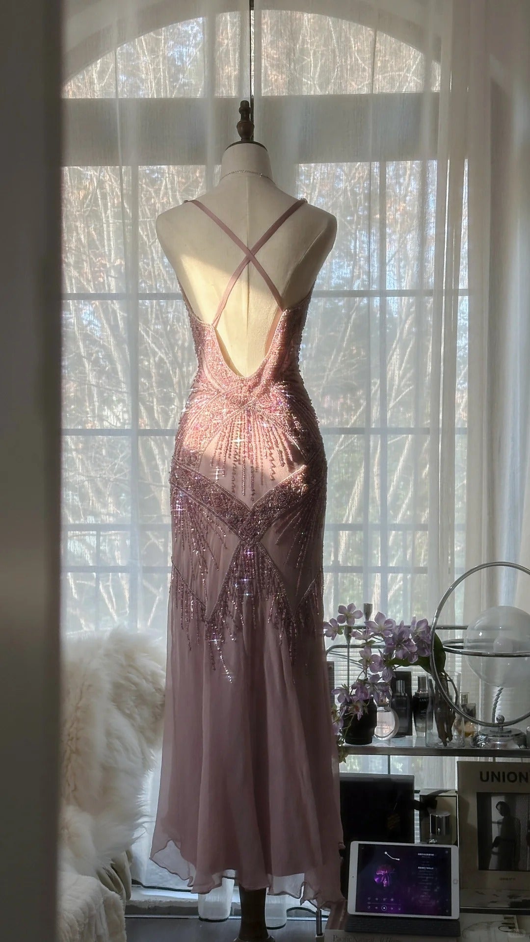 Stunning Pink Backless Beaded Chiffon Long Prom Dress P3323