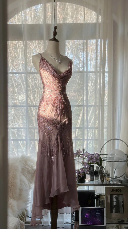 Stunning Pink Backless Beaded Chiffon Long Prom Dress P3323