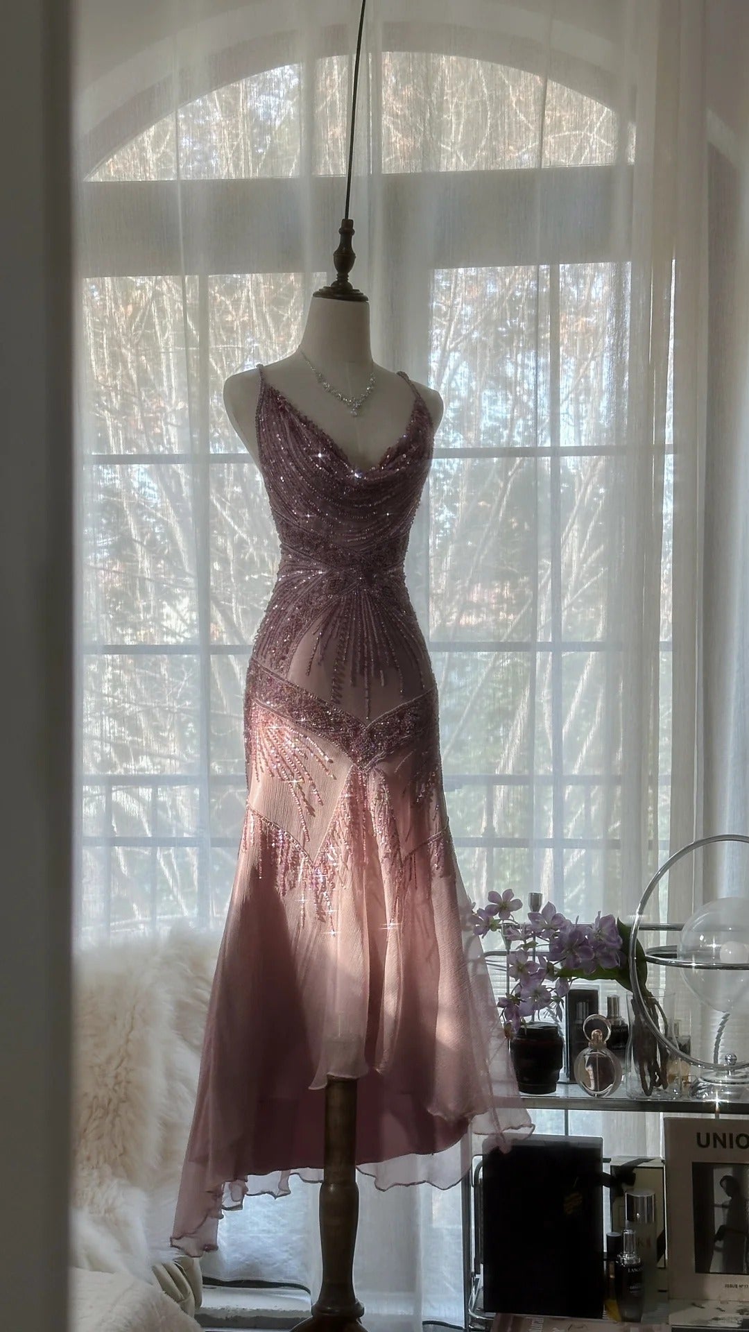 Stunning Pink Backless Beaded Chiffon Long Prom Dress P3323