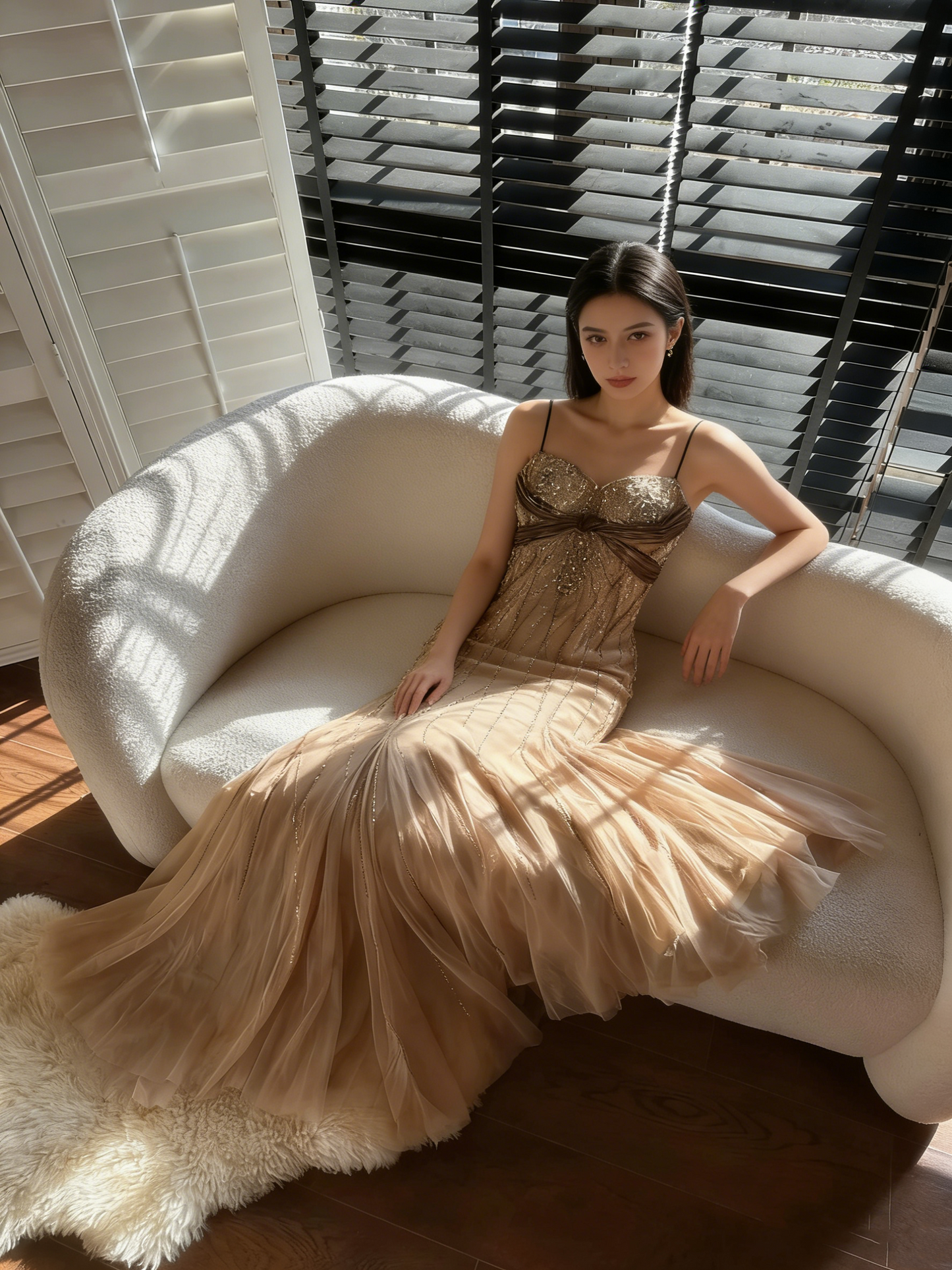 Shiny Vintage Beaded Chiffon Gold Long Prom Dress P3340