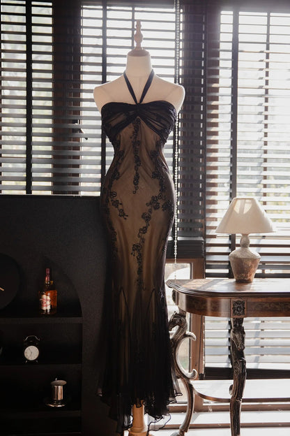 Vintage Elegant Black Halter Neck Mermaid Long Prom Dress P3344