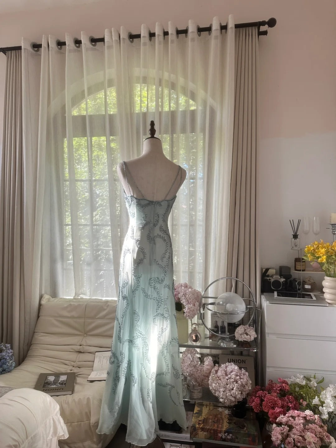 Lake Blue Square Neck Beaded Strap Long Prom Dress P3348