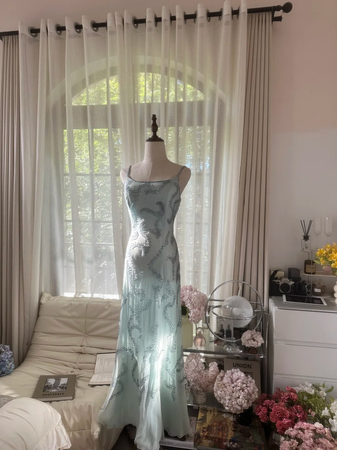 Lake Blue Square Neck Beaded Strap Long Prom Dress P3348