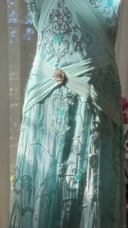 Stunning Blue Backless Beaded Chiffon Mermaid Maxi Prom Dress P3357