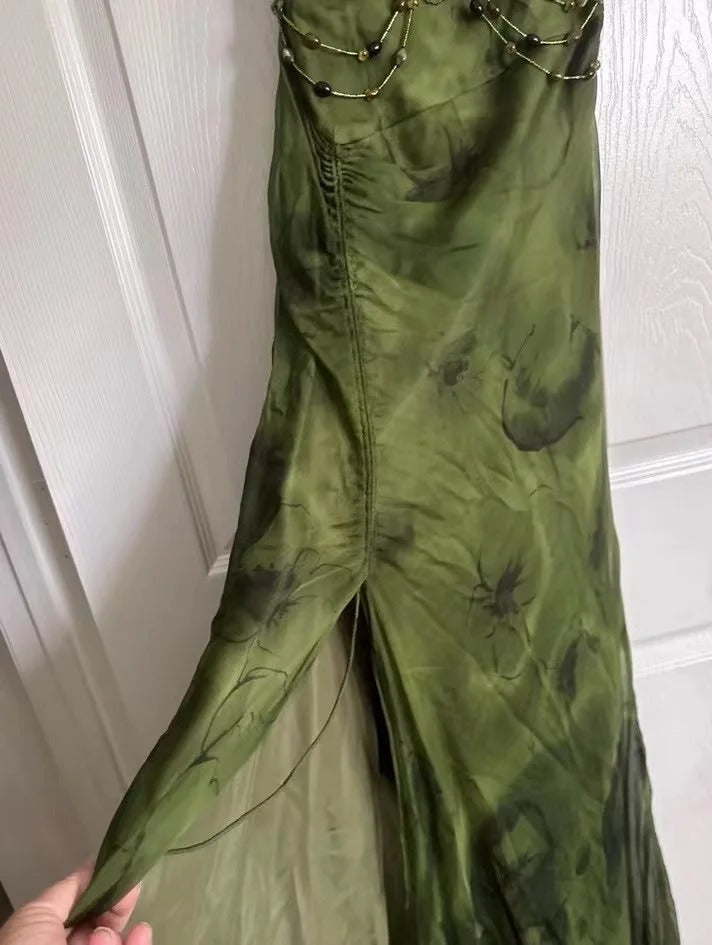 Vintage Dark Green Beaded Strap Chiffon Mermaid Slit Prom Dress P3381