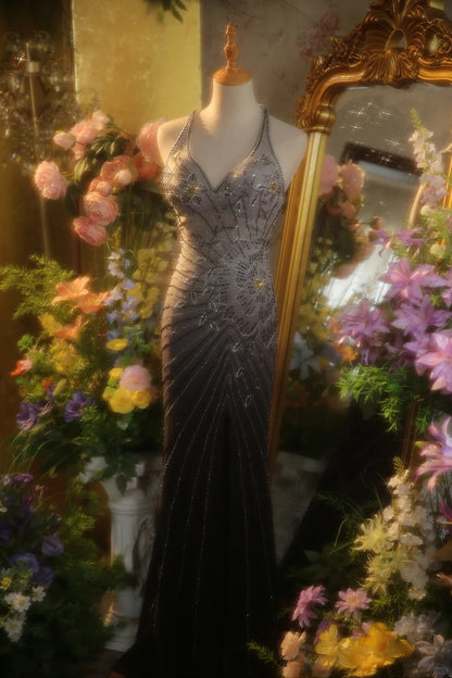 Elegant Gradient Gray Halter Neck Beaded Mermaid Prom Dress P3433