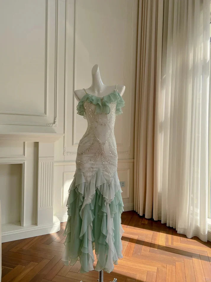 Gorgeous Shiny Beaded Spaghetti Strap Ruffles Chiffon Mermaid Prom Dress Evening Dress TP4307
