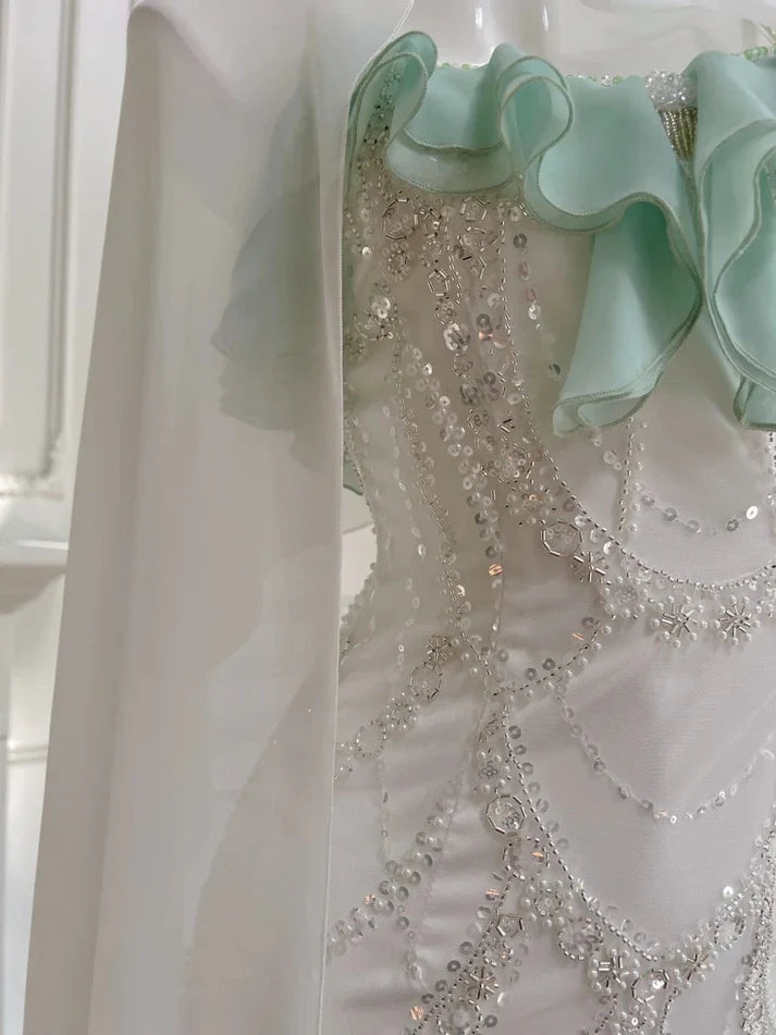 Gorgeous Shiny Beaded Spaghetti Strap Ruffles Chiffon Mermaid Prom Dress Evening Dress TP4307