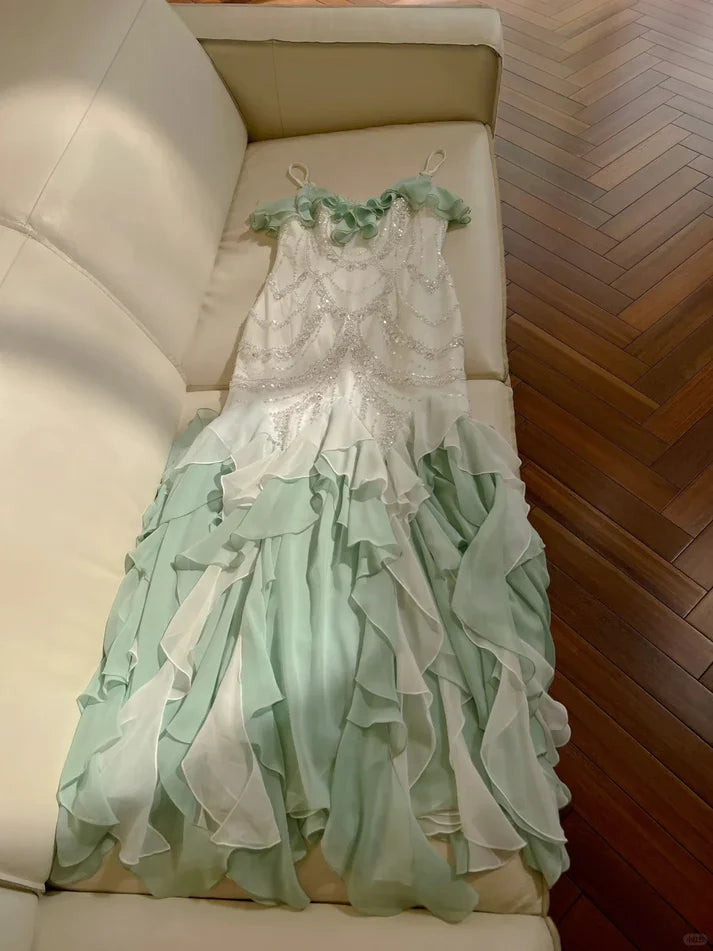 Gorgeous Shiny Beaded Spaghetti Strap Ruffles Chiffon Mermaid Prom Dress Evening Dress TP4307