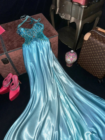 Vintage Blue Satin Beaded Halter Neck Long Prom Dress P3451