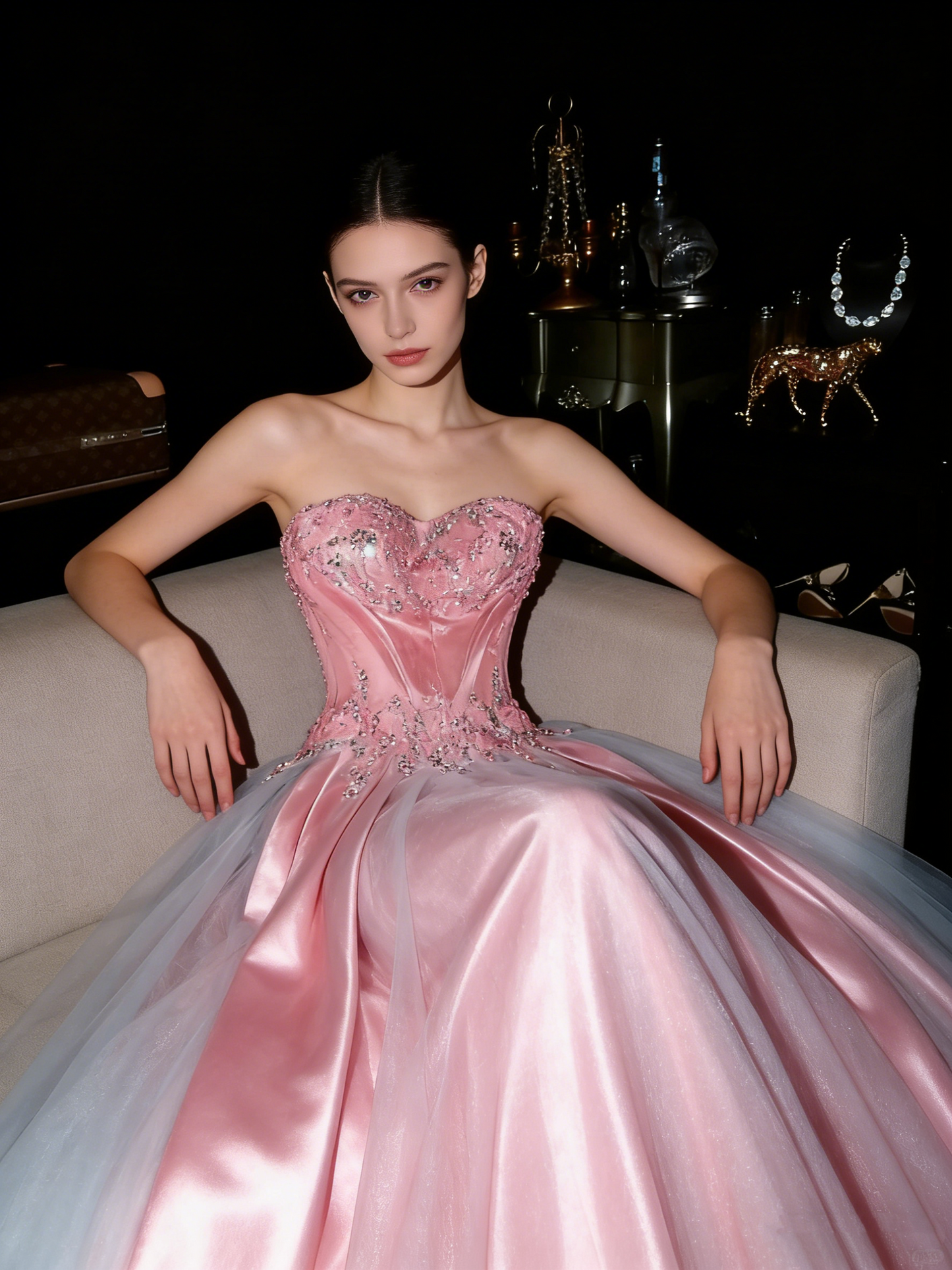 Cute Pink Strapless Beaded Tulle Princess Prom Dress P3454