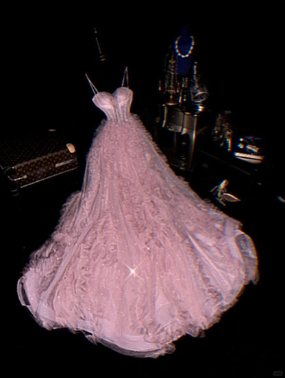 Cute Pink Spaghetti Strap Glitter Tulle Herringbone Puffy Prom Dress P3456