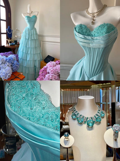 Elegant And Simple Sweetheart Neckline Blue Satin Chiffon A-line Prom Dress P3457