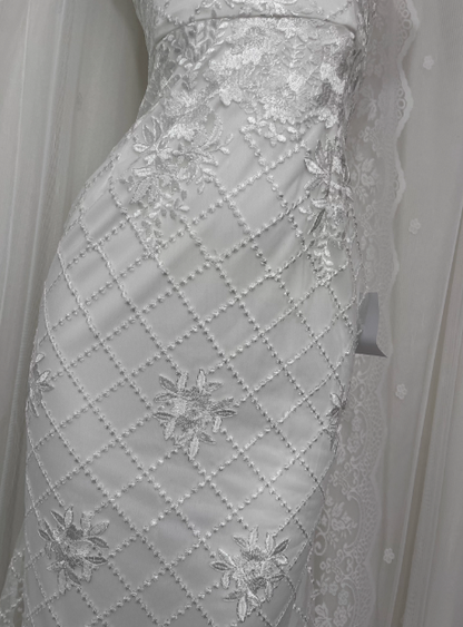 Pretty Mermaid White Embroidered Strapless Mermaid Prom Dress P3461