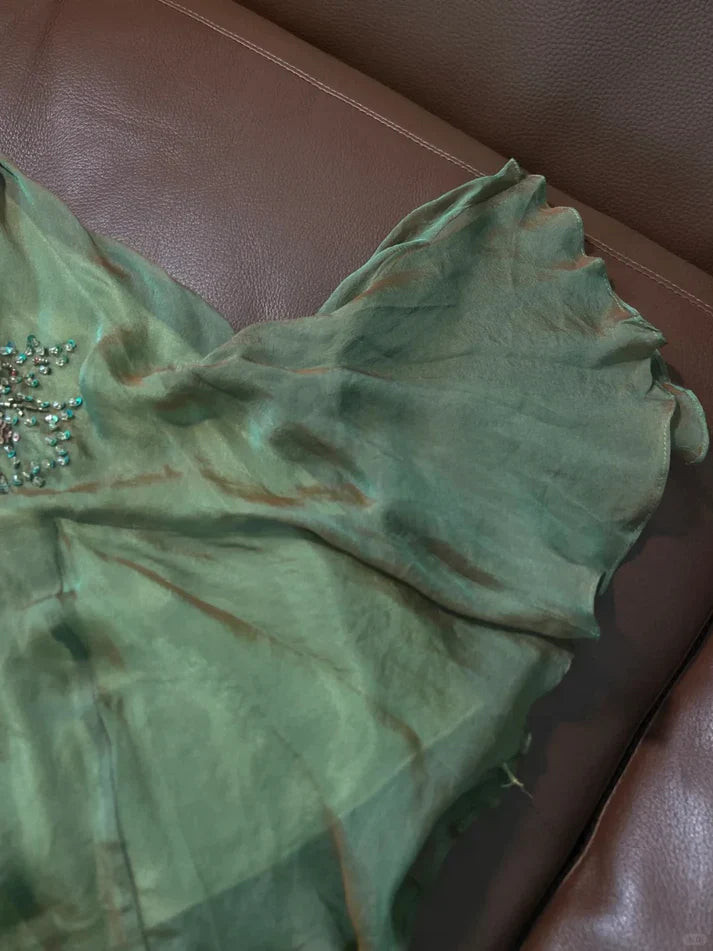 Gorgeous Green V-neck Glittering Beaded Spaghetti Strap Ruffles Chiffon A-Line Prom Dress Evening Dress TP4306